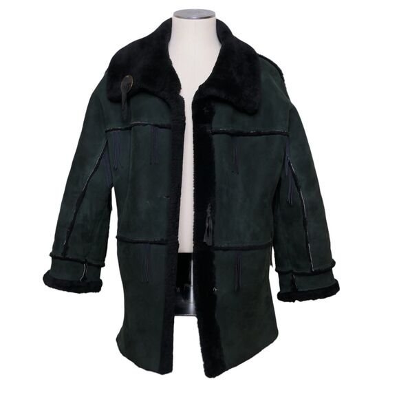 Sheepskin Shearling XL Green Ranch Southwestern Jacket Front Buttons Missing EUC - Picture 1 of 8